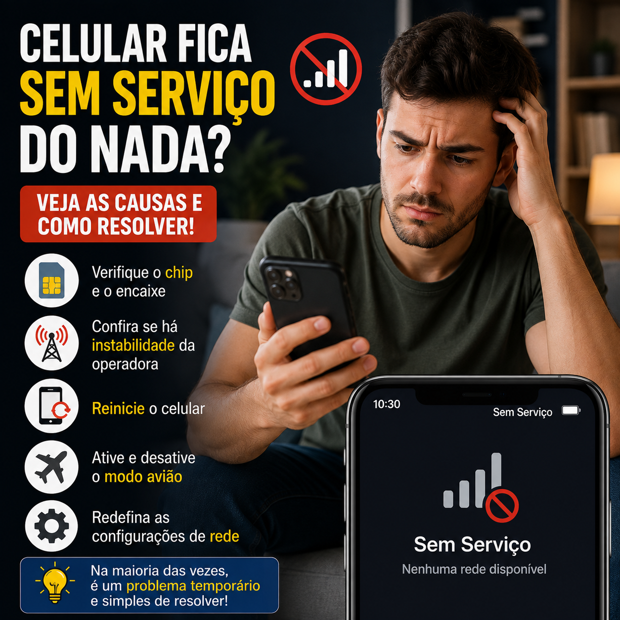 # Celular fica sem serviço do nada? Entenda as causas e veja como resolver Você está usando o celular normalmente e, de repente, as barras de sinal desaparecem. No lugar do nome da operadora aparecem mensagens como **“Sem serviço”**, **“Sem sinal”**, **“Somente chamadas de emergência”** ou **“Rede indisponível”**. Alguns minutos depois, o sinal pode voltar sozinho. Em outros casos, é necessário reiniciar o aparelho ou mudar de lugar para conseguir utilizar a rede novamente. Quando o **celular fica sem serviço do nada**, a primeira reação costuma ser imaginar que existe algum defeito no smartphone. Porém, nem sempre esse é o caso. O problema pode estar relacionado à cobertura da operadora, instabilidade temporária da rede, chip SIM, eSIM, configurações do aparelho ou até ao local onde você está. Neste guia, você vai aprender **por que o celular fica sem serviço e o que fazer para identificar a origem do problema**, tanto no Android quanto no iPhone. --- ## O que significa “Sem serviço” no celular? Quando aparece **“Sem serviço”**, significa que naquele momento o smartphone não conseguiu se registrar adequadamente em uma rede móvel disponível para o serviço esperado. Isso é diferente de estar com a internet lenta. Quando existe sinal, mas os dados móveis não funcionam, o problema pode estar relacionado apenas à conexão de internet. Quando aparece **Sem serviço**, a própria conexão do aparelho com a rede celular merece investigação. Dependendo da situação, você também poderá visualizar mensagens como: * Sem sinal; * Rede indisponível; * Procurando; * SOS; * Somente chamadas de emergência. A mensagem exata depende do aparelho, sistema e situação da rede. --- # 1. Mude de lugar antes de alterar qualquer configuração Comece pelo teste mais simples. Se você está dentro de: * elevador; * garagem; * estacionamento subterrâneo; * prédio; * supermercado; * área rural; * local cercado por estruturas; mude de posição. Tente chegar próximo a uma janela ou, quando for seguro, a uma área aberta. Se o sinal voltar imediatamente, provavelmente a cobertura naquele ponto estava prejudicada. Isso pode acontecer mesmo em regiões onde normalmente existe bom sinal. --- # 2. Ative e desative o modo avião Se você está em um local onde normalmente existe cobertura, experimente o modo avião. Ative-o por alguns segundos. Depois desative. Ao fazer isso, o smartphone precisará procurar e se registrar novamente nas redes disponíveis. Espere alguns instantes. Se as barras de sinal reaparecerem, pode ter ocorrido apenas uma falha temporária na conexão com a rede. Se você precisa fazer isso frequentemente, continue investigando. --- # 3. Reinicie o celular Outra tentativa simples é reiniciar o aparelho. Isso pode corrigir falhas temporárias relacionadas ao sistema e às conexões móveis. Depois da reinicialização: 1. Aguarde o aparelho iniciar completamente. 2. Observe o indicador de sinal. 3. Espere alguns instantes. 4. Faça uma ligação de teste. 5. Teste os dados móveis. Se tudo voltar ao normal e o problema não reaparecer, provavelmente foi uma ocorrência temporária. --- # 4. Descubra se outras pessoas estão sem sinal Esse teste é extremamente útil. Pergunte a alguém próximo que utilize **a mesma operadora**. ### Os dois celulares estão sem serviço? Pode existir uma falha ou problema de cobertura da operadora naquela região. ### Apenas seu celular está sem serviço? A investigação deve se concentrar mais no seu aparelho, linha, SIM ou eSIM. É importante comparar com a mesma operadora, porque duas empresas podem possuir coberturas diferentes no mesmo endereço. --- # 5. A operadora pode estar com problema Sim. Redes móveis também podem apresentar instabilidades. Entre as possíveis causas estão: * manutenção; * problemas técnicos; * falha em equipamentos; * interrupções de energia; * problemas de transmissão; * incidentes locais. Por isso, se o celular perde completamente o serviço de maneira repentina, vale verificar os canais oficiais da operadora. Principalmente quando outras pessoas da mesma operadora apresentam o mesmo problema. --- # 6. Observe se o problema acontece sempre no mesmo lugar Esse detalhe pode revelar muito sobre a causa. Imagine: **Em casa:** sem serviço frequentemente. **Na rua:** funciona normalmente. **No trabalho:** funciona normalmente. Nesse cenário, existe uma forte indicação de que a cobertura no interior da residência pode ser o problema. Agora imagine: **Casa:** perde sinal. **Trabalho:** perde sinal. **Shopping:** perde sinal. **Rua:** perde sinal. Nesse segundo cenário, vale investigar o smartphone, chip ou linha. Observe o padrão antes de concluir que o aparelho está com defeito. --- # 7. Celular perde sinal dentro de casa Construções podem interferir na propagação do sinal. O problema pode ser mais perceptível em imóveis com: * paredes grossas; * estruturas metálicas; * vários andares; * localização mais baixa; * distância das antenas; * determinados tipos de vidro. Por isso, é possível ter ótimo sinal na calçada e cobertura ruim dentro de determinado cômodo. Faça testes em diferentes pontos da residência. --- # 8. O chip pode estar mal encaixado? Em aparelhos que utilizam SIM físico, problemas relacionados ao chip ou ao encaixe podem afetar o funcionamento da linha. Se o aparelho começou a apresentar problemas depois de: * uma queda; * troca do chip; * abertura da bandeja; * contato com umidade; vale considerar essa possibilidade. Se você se sentir confortável fazendo o procedimento, desligue o aparelho antes de remover a bandeja. Retire e recoloque o chip cuidadosamente. Nunca force a bandeja. --- # 9. Verifique se o chip está danificado Observe visualmente o SIM. Procure sinais de: * rachaduras; * deformações; * desgaste; * danos físicos. Evite raspar, cortar ou modificar o chip. Se o SIM estiver danificado ou muito antigo e os problemas forem frequentes, entre em contato com a operadora para verificar uma possível substituição. --- # 10. Chip muito antigo pode causar problemas? Pode ser uma possibilidade, principalmente se o SIM possui muitos anos. Tecnologias de redes móveis evoluíram bastante. Se você utiliza o mesmo chip há muito tempo e enfrenta problemas recorrentes, consulte sua operadora para verificar se o SIM continua adequado aos serviços atuais. Isso não significa que todo chip antigo precisa ser trocado. A substituição deve ser avaliada conforme a situação. --- # 11. Teste o chip em outro celular Esse é um dos melhores testes para descobrir onde está o problema. Se você utiliza SIM físico e possui outro aparelho compatível disponível, coloque temporariamente o chip nele. ### O outro celular também fica sem serviço? A suspeita aumenta sobre: * chip; * linha; * operadora; * cobertura. ### O outro celular funciona perfeitamente? Seu smartphone original merece uma investigação maior. Esse teste ajuda a separar problema de linha e problema de aparelho. --- # 12. Teste outro chip no seu celular Também é possível fazer o teste inverso. Coloque no aparelho outro SIM que esteja funcionando normalmente. ### O outro chip funciona? Isso indica que o smartphone consegue se conectar à rede. A investigação pode se concentrar na sua linha ou SIM original. ### O outro chip também fica sem serviço? O aparelho ou a cobertura naquela região passam a ser suspeitas mais importantes. Sempre faça os testes utilizando chips e aparelhos compatíveis. --- # 13. E se eu usar eSIM? O eSIM não possui o problema físico de mau contato da bandeja, mas ainda depende de: * configuração; * ativação da linha; * operadora; * rede; * sistema do aparelho. Se utiliza eSIM e perde serviço frequentemente, não apague o perfil imediatamente. Remover um eSIM pode exigir um novo procedimento de ativação junto à operadora. Primeiro: 1. Reinicie o aparelho. 2. Teste modo avião. 3. Confira se a linha está ativa. 4. Verifique atualizações. 5. Entre em contato com a operadora. Só remova o perfil quando houver orientação adequada ou quando souber como reativá-lo. --- # 14. Celular Dual SIM pode causar confusão Quem utiliza dois chips precisa verificar qual linha está ativa. Por exemplo: **SIM 1:** linha principal. **SIM 2:** linha secundária. Dependendo das configurações, uma linha pode estar desativada ou apresentar problema enquanto a outra funciona normalmente. Entre nas configurações de SIM e confira: * linhas ativadas; * dados móveis; * chamadas; * rede selecionada. Isso é especialmente importante depois de trocar ou adicionar um novo chip. --- # 15. Seleção automática de rede Normalmente, o smartphone escolhe automaticamente uma rede disponível da operadora. Para a maioria dos usuários, essa é a configuração mais adequada. Se alguém alterou manualmente a seleção da rede, o aparelho pode apresentar dificuldades em determinadas situações. Procure nas configurações relacionadas a: **Operadora / Rede móvel / Seleção de rede** e verifique se a seleção automática está ativada, quando apropriado para sua linha. Os nomes variam conforme o aparelho. --- # 16. 5G pode estar relacionado ao problema? Em algumas regiões, a cobertura 5G pode variar bastante. Isso não significa que o 5G seja necessariamente responsável por uma perda completa de serviço. Porém, se o problema começou ao mudar configurações de rede, testar temporariamente outro modo disponível pode ajudar no diagnóstico. O importante é observar: **o aparelho fica totalmente sem rede ou apenas troca entre 5G e 4G?** Trocar de 5G para 4G não significa necessariamente perda de serviço. É normal o smartphone utilizar diferentes tecnologias dependendo da cobertura disponível. --- # 17. Não confunda troca de 5G para 4G com perda de sinal O celular pode alternar entre: **5G → 4G → 5G** ao longo do dia. Isso pode acontecer conforme: * localização; * cobertura; * condições da rede; * movimentação. Essa alternância, isoladamente, não significa defeito. O problema abordado neste artigo ocorre quando o aparelho realmente perde a rede e passa a mostrar algo como: **Sem serviço** ou: **Somente emergência.** --- # 18. O problema começou depois de uma atualização? Se a perda de serviço começou logo depois de atualizar Android ou iOS, reinicie o aparelho e verifique se existem novas atualizações disponíveis. Fabricantes podem disponibilizar correções posteriores. Também é importante diferenciar coincidência de causa. Uma falha da operadora pode acontecer no mesmo dia em que você atualizou o smartphone. Por isso, faça os testes de linha e cobertura antes de concluir que a atualização causou o problema. --- # 19. Atualize o Android Em celulares Android, o caminho depende da fabricante. Procure por: **Configurações → Sistema → Atualização** ou utilize a busca das Configurações. Samsung, Motorola, Xiaomi e outras fabricantes podem utilizar menus diferentes. Instale atualizações oficiais disponíveis e reinicie o aparelho quando necessário. --- # 20. Atualize o iPhone No iPhone: **Ajustes → Geral → Atualização de Software** Verifique se existe uma versão mais recente disponível. Também podem existir atualizações relacionadas aos ajustes da operadora. Mantenha o aparelho conectado a uma rede confiável durante o processo e tenha backup dos dados importantes. --- # 21. Celular Samsung fica sem serviço do nada Se um Samsung Galaxy perde sinal frequentemente, faça primeiro: 1. Ative e desative o modo avião. 2. Reinicie o Galaxy. 3. Teste em outro local. 4. Verifique o SIM. 5. Teste outro chip. 6. Verifique atualizações. 7. Confira a seleção automática de rede. 8. Consulte sua operadora. Se o problema acontece com vários chips e em diferentes regiões, uma avaliação do aparelho pode ser necessária. --- # 22. Motorola fica sem serviço Em um Motorola, a lógica é semelhante. Primeiro determine se o problema acompanha: **o celular** ou: **o chip.** Teste a linha em outro smartphone quando possível. Depois teste outro chip no Motorola. Essa comparação pode indicar rapidamente qual caminho seguir. Também verifique atualizações e configurações de rede. --- # 23. Xiaomi, Redmi ou POCO fica sem serviço Em aparelhos Xiaomi, Redmi ou POCO: * verifique se o SIM está ativo; * reinicie o aparelho; * utilize o modo avião; * confira a seleção da operadora; * teste outro chip; * atualize o sistema. Os menus podem variar conforme a versão do HyperOS. Utilize a busca interna das Configurações para encontrar opções relacionadas a **SIM** e **rede móvel**. --- # 24. iPhone fica “Sem Serviço” Quando o iPhone mostra **Sem Serviço**, comece verificando: * cobertura; * modo avião; * reinicialização; * situação da linha; * SIM ou eSIM; * atualizações do iOS; * ajustes da operadora. Se outras pessoas da mesma operadora também estão sem sinal no local, espere a rede ser normalizada ou consulte a operadora. Se apenas seu iPhone apresenta o problema em diferentes lugares, investigue o aparelho e a linha. --- # 25. “SOS” no iPhone significa o quê? Dependendo do país, operadora, modelo e situação da rede, o iPhone pode apresentar **SOS** quando a rede celular normal não está disponível, mas determinados recursos de emergência podem estar acessíveis. Isso não significa necessariamente que o aparelho esteja quebrado. Primeiro verifique cobertura e sua linha. Se a mensagem aparecer constantemente em locais onde normalmente existe serviço, investigue junto à operadora. --- # 26. “Somente chamadas de emergência” no Android Essa mensagem pode aparecer quando o smartphone não consegue utilizar normalmente a rede da sua operadora, mas detecta uma rede disponível para serviços de emergência conforme as condições locais. As possíveis causas incluem: * cobertura; * problema no SIM; * linha; * operadora; * configuração; * falha temporária. Reinicie o aparelho e faça os testes de cobertura e chip. --- # 27. O celular pode estar bloqueado pela operadora? Existem situações em que uma linha pode sofrer restrições administrativas. Por exemplo: * problemas cadastrais; * suspensão; * falta de pagamento em determinados planos; * problemas de ativação. As regras variam conforme operadora e contrato. Se o aparelho reconhece o chip, mas a linha não consegue utilizar a rede normalmente, consulte o status diretamente com a operadora. --- # 28. IMEI pode estar relacionado? Em algumas situações específicas, problemas relacionados à identificação do aparelho podem impedir o acesso normal à rede. IMEI é um identificador do dispositivo móvel. Isso pode ser relevante principalmente quando: * aparelho foi comprado usado; * aparelho possui procedência desconhecida; * houve bloqueio; * existe alguma irregularidade no dispositivo. Se você suspeita disso, consulte os canais oficiais da operadora e da Anatel. Evite sites desconhecidos que prometem “desbloquear IMEI”. --- # 29. Celular importado pode ficar sem sinal? Pode acontecer de um aparelho importado possuir diferenças de compatibilidade com frequências e tecnologias utilizadas pelas operadoras brasileiras. Isso não significa que todo smartphone importado terá problema. Muitos funcionam normalmente. Mas antes de comprar um aparelho destinado a outro mercado, vale verificar: * bandas de frequência; * compatibilidade com 4G; * compatibilidade com 5G; * homologação; * suporte às redes brasileiras. Essa análise é especialmente importante em modelos pouco conhecidos. --- # 30. Capinha pode interferir no sinal? Na maioria das situações, uma capinha comum não deveria fazer o celular perder completamente o serviço. Porém, acessórios inadequados, principalmente aqueles que incorporam materiais metálicos de maneira problemática, podem interferir em determinadas condições. Se a perda de sinal começou depois de trocar a capa, faça um teste simples: retire-a temporariamente e utilize o aparelho normalmente. Se não houver diferença, coloque novamente. --- # 31. Queda pode danificar a antena do celular? Sim, impactos podem danificar componentes internos. Suspeite principalmente quando existe uma sequência clara: **Celular funcionava normalmente → sofreu uma queda forte → começou a perder sinal constantemente.** Se outros chips também apresentam o mesmo comportamento e o problema acontece em diferentes regiões, uma avaliação técnica pode ser necessária. Não tente abrir o aparelho em casa. --- # 32. Contato com água pode causar problemas de sinal? Também é possível. Mesmo smartphones com resistência à água possuem condições específicas de proteção e essa resistência pode diminuir com desgaste, impactos ou reparos anteriores. Se a perda de sinal começou depois de contato significativo com líquido, fique atento a outros sintomas. Procure assistência técnica se necessário. --- # 33. Redefinir configurações de rede pode resolver? Quando as soluções mais simples não funcionam, redefinir as configurações de rede pode ser considerado. Esse procedimento é diferente de formatar o smartphone. Dependendo do sistema, ele pode apagar: * redes Wi-Fi salvas; * senhas; * pareamentos Bluetooth; * configurações de rede. Leia a descrição apresentada pelo aparelho antes de confirmar. Deixe essa alternativa para depois dos testes de cobertura, chip, reinicialização e atualização. --- # 34. Não formate o celular imediatamente Formatar o smartphone é uma medida muito mais drástica. Se o problema está no chip ou na operadora, apagar todo o celular não fará nenhuma diferença. Antes de pensar nisso, faça: 1. Teste em outro local. 2. Modo avião. 3. Reinicialização. 4. Teste do chip. 5. Outro chip no celular. 6. Atualização. 7. Consulta à operadora. 8. Redefinição das configurações de rede. Somente depois de eliminar outras possibilidades deve-se considerar procedimentos mais avançados. --- # Como descobrir se o problema é o celular, chip ou operadora Faça um pequeno diagnóstico cruzado. ## Teste A Coloque seu chip em outro celular. **Funciona:** investigue seu aparelho. **Não funciona:** investigue linha, SIM ou operadora. ## Teste B Coloque outro chip funcionando no seu celular. **Funciona:** investigue sua linha ou chip original. **Não funciona:** investigue o aparelho ou a cobertura. ## Teste C Pergunte a alguém da mesma operadora. **Também está sem sinal:** pode existir problema na rede. ## Teste D Mude de região. **O sinal volta:** pode existir problema de cobertura naquele local. Esses quatro testes conseguem eliminar várias hipóteses rapidamente. --- # Celular perde sinal e volta sozinho: devo me preocupar? Uma perda ocasional pode acontecer por movimentação entre áreas de cobertura ou alguma instabilidade temporária. O que merece maior atenção é quando isso acontece constantemente. Por exemplo: **10h15 – Sem serviço** **10h25 – voltou** **11h10 – Sem serviço novamente** **12h00 – caiu outra vez** Se existe um padrão recorrente em diferentes locais, investigue. Principalmente se outros celulares da mesma operadora continuam funcionando normalmente. --- # Quando procurar a operadora? Entre em contato com sua operadora quando: * seu chip não funciona em outro celular; * várias pessoas estão sem serviço; * a linha aparece como inativa; * houve troca ou ativação recente; * o eSIM apresenta problemas; * você suspeita de bloqueio; * o problema acontece somente com aquela linha. Informe onde e quando o problema acontece. Quanto mais detalhes, melhor. --- # Quando procurar assistência técnica? Considere uma avaliação técnica quando: * diferentes chips apresentam o mesmo problema; * o celular perde serviço em vários lugares; * outros aparelhos possuem sinal normalmente; * houve queda ou contato com líquido; * o problema começou após dano físico; * redefinir as configurações não resolveu. Esses sinais aumentam a possibilidade de um problema no próprio aparelho. --- # Checklist: celular fica sem serviço do nada Siga esta ordem: 1. Mude de lugar. 2. Verifique se outras pessoas da mesma operadora possuem sinal. 3. Ative e desative o modo avião. 4. Reinicie o celular. 5. Confira se o SIM está ativo. 6. Se possível, retire e recoloque o chip. 7. Teste seu chip em outro aparelho. 8. Teste outro chip no seu celular. 9. Verifique a seleção automática da rede. 10. Atualize o sistema. 11. Consulte a operadora. 12. Considere redefinir as configurações de rede. 13. Procure assistência se vários chips falharem no aparelho. O objetivo é começar pelas soluções simples e somente depois avançar para hipóteses mais complexas. --- # Perguntas frequentes ## Por que meu celular fica sem serviço do nada? Pode ser uma falha temporária da operadora, cobertura ruim, problema no chip, configuração de rede ou, em alguns casos, defeito no aparelho. ## Modo avião pode fazer o sinal voltar? Pode. Ativar e desativar o modo avião força o aparelho a procurar e registrar-se novamente na rede disponível. ## Por que o celular fica “Somente emergência”? Isso pode acontecer quando o aparelho não consegue utilizar normalmente a rede da sua operadora. Cobertura, chip, linha e configurações estão entre os pontos que devem ser verificados. ## Como saber se meu chip está com problema? Teste o SIM em outro celular compatível. Se continuar sem serviço enquanto outro chip funciona normalmente, consulte a operadora. ## Como saber se a antena do celular está com defeito? Se diferentes chips apresentam perda de serviço no aparelho, inclusive em locais onde outros celulares possuem bom sinal, vale procurar avaliação técnica. ## Por que meu celular perde sinal dentro de casa? Paredes, estruturas do imóvel, localização e características da cobertura da operadora podem reduzir o sinal dentro de determinados ambientes. ## Um celular importado pode ter problemas de sinal no Brasil? Dependendo do modelo e da versão destinada a determinado mercado, podem existir diferenças nas bandas de frequência suportadas. Confira a compatibilidade antes da compra. ## Preciso formatar o celular? Normalmente não. Formatação deve ficar entre as últimas alternativas e não resolverá problemas causados pela operadora ou pelo chip. ## “Sem serviço” significa que meu celular estragou? Não. Uma perda de serviço pode ser temporária ou estar relacionada à cobertura e à operadora. Defeito no aparelho é apenas uma das possibilidades. --- # Conclusão Se o **celular fica sem serviço do nada**, não conclua imediatamente que a antena do smartphone está com defeito. Comece observando onde o problema acontece. Se o sinal desaparece apenas dentro de determinado prédio ou região e volta quando você muda de lugar, cobertura é uma hipótese importante. Se outras pessoas da mesma operadora também ficam sem serviço, pode existir uma instabilidade na rede. Agora, se apenas seu smartphone perde sinal em diferentes lugares, faça um teste cruzado: **coloque seu chip em outro aparelho e outro chip no seu celular**. Esse procedimento ajuda a descobrir se o problema acompanha a linha ou o smartphone. Modo avião, reinicialização, atualização do sistema e verificação das configurações de rede também podem resolver falhas temporárias. Se diferentes chips continuam perdendo sinal no mesmo aparelho, principalmente depois de uma queda ou contato com líquido, uma avaliação técnica passa a ser recomendável. O mais importante é identificar primeiro **onde está a falha: cobertura, operadora, chip ou celular**. Assim você evita trocar componentes, formatar o aparelho ou até comprar um smartphone novo sem necessidade.