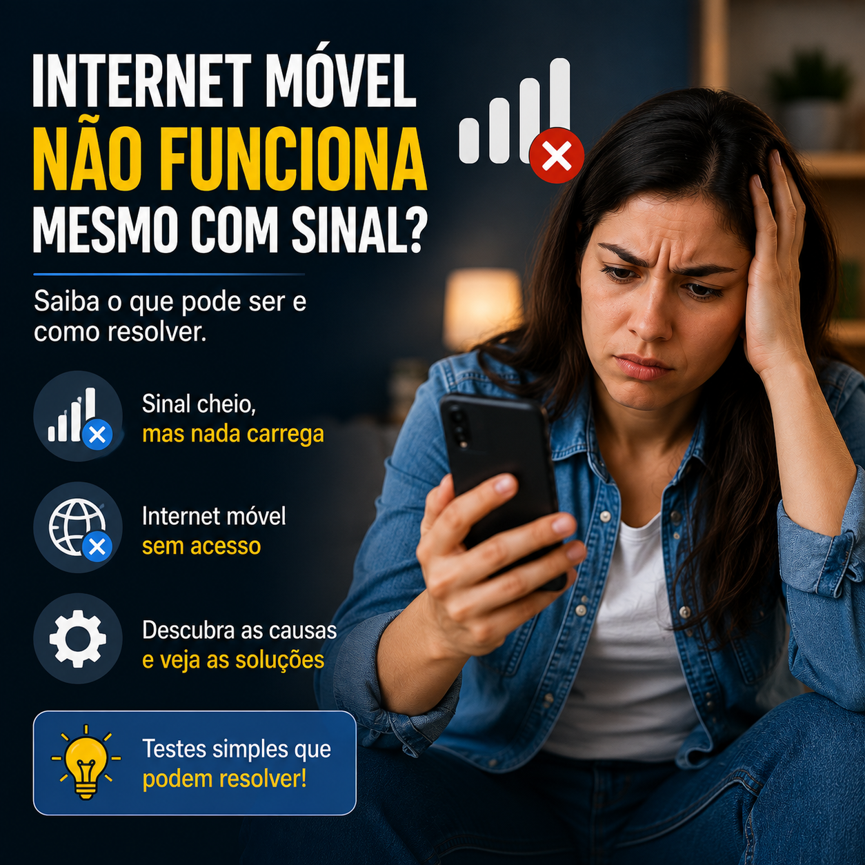 # Internet móvel não funciona mesmo com sinal? Veja o que pode ser e como resolver O celular mostra barras de sinal, aparece **4G, 5G ou LTE** no topo da tela, mas quando você tenta abrir um site, enviar uma mensagem ou acessar algum aplicativo, a internet simplesmente não funciona. A situação pode parecer contraditória, mas existe uma explicação importante: **ter sinal da operadora não significa necessariamente que a conexão de dados móveis está funcionando corretamente**. O aparelho pode estar conectado à rede celular e, mesmo assim, enfrentar problemas relacionados ao pacote de dados, cobertura, congestionamento, configurações do smartphone, chip, APN ou instabilidade temporária da operadora. Antes de mexer em configurações avançadas ou concluir que existe um defeito no celular, alguns testes simples podem ajudar a identificar a origem. Neste guia, você vai aprender **o que fazer quando a internet móvel não funciona mesmo com sinal**, tanto no Android quanto no iPhone. --- ## Por que aparece sinal, mas a internet não funciona? As barras exibidas no celular indicam que o aparelho consegue se comunicar com uma rede móvel disponível. Já o acesso à internet depende de outros fatores. Por exemplo, você pode ter: **Sinal da operadora:** funcionando. **Chamadas:** funcionando. **Internet móvel:** sem acesso. Isso pode acontecer por diferentes motivos, como: * dados móveis desativados; * pacote de internet esgotado; * problema temporário da operadora; * congestionamento da rede; * falha na configuração de APN; * chip com problema; * seleção incorreta de SIM; * VPN interferindo na conexão; * problema temporário do sistema; * cobertura de dados ruim mesmo com sinal de voz. Por isso, o diagnóstico precisa ser feito por etapas. --- # 1. Confirme se os dados móveis estão ativados Parece óbvio, mas este deve ser o primeiro teste. O celular pode continuar mostrando barras de sinal mesmo com os dados móveis desligados. ### No Android O caminho varia conforme a fabricante, mas procure por: **Configurações → Rede e Internet / Conexões → Dados móveis** Também é possível verificar pelo painel de atalhos rápidos. ### No iPhone Acesse: **Ajustes → Celular** e confirme se **Dados Celulares** estão ativados. Depois desligue o Wi-Fi temporariamente e tente abrir algum site. --- # 2. Desligue o Wi-Fi durante o teste Essa etapa ajuda a evitar confusão. Desative o Wi-Fi e deixe apenas os dados móveis funcionando. Depois abra o navegador e tente acessar algum site. Teste também outro aplicativo. Assim você confirma que o celular está realmente tentando utilizar a rede móvel, e não uma conexão Wi-Fi problemática. --- # 3. Ative e desative o modo avião Esse é um dos testes mais rápidos para problemas temporários de rede. Ative o modo avião. Aguarde alguns segundos. Depois desative. O smartphone realizará uma nova tentativa de registro nas redes disponíveis. Espere o indicador de sinal aparecer novamente e teste a internet. Em algumas situações, isso é suficiente para recuperar uma conexão que ficou temporariamente travada. --- # 4. Reinicie o celular Se o modo avião não resolveu, reinicie o aparelho. Problemas temporários relacionados à rede podem desaparecer depois de uma reinicialização. Após ligar: 1. Aguarde o sinal da operadora aparecer. 2. Confirme que os dados móveis estão ativos. 3. Mantenha o Wi-Fi desligado. 4. Abra um site. 5. Teste mais de um aplicativo. Se a conexão voltar, provavelmente havia apenas uma falha temporária. --- # 5. Veja se seu pacote de internet acabou Ter sinal da operadora não significa que você ainda possui franquia de dados disponível. Dependendo do plano, quando a franquia termina, a operadora pode: * reduzir a velocidade; * bloquear parte do acesso; * exigir contratação adicional; * aplicar as condições previstas no plano. Consulte o aplicativo, site ou canal oficial da sua operadora. Verifique: * quantidade de dados disponível; * validade do pacote; * situação da linha; * pagamento do plano; * possíveis bloqueios. Antes de alterar configurações do celular, vale confirmar essa informação. --- # 6. Confirme se o plano está ativo Linhas pré-pagas e planos de controle podem possuir condições específicas para utilização dos dados. Se você ficou algum tempo sem realizar recarga, por exemplo, determinadas funcionalidades podem ser afetadas conforme as regras da operadora e do plano contratado. Também podem existir situações relacionadas a: * fatura pendente; * pacote expirado; * bloqueio da linha; * ativação incompleta. Consulte diretamente a operadora para verificar o status. --- # 7. Veja se aparece 4G, 5G ou LTE Observe a parte superior da tela. Você pode encontrar indicadores como: **3G** **4G** **4G+** **LTE** **5G** Se aparecem apenas as barras de sinal, sem nenhum indicador de dados, o aparelho pode não estar estabelecendo corretamente a conexão de internet móvel naquele momento. Faça o teste em outro local antes de alterar configurações. --- # 8. Sinal cheio não significa internet rápida Esse é um ponto muito importante. Você pode ter quatro ou cinco barras de sinal e ainda enfrentar internet extremamente lenta. Isso acontece porque a qualidade da internet móvel depende de mais fatores do que simplesmente a intensidade do sinal. Entre eles: * quantidade de pessoas utilizando a mesma rede; * capacidade da antena; * frequência utilizada; * distância; * obstáculos; * tecnologia disponível; * condições da rede da operadora. Em locais muito movimentados, uma antena pode ficar congestionada mesmo com excelente sinal. --- # 9. Internet não funciona em lugares cheios Esse problema pode acontecer em: * shows; * estádios; * praias; * festivais; * aeroportos; * centros comerciais; * eventos; * grandes festas. Milhares de pessoas podem tentar utilizar a mesma infraestrutura ao mesmo tempo. O resultado pode ser: **sinal cheio + 4G/5G + internet extremamente lenta ou praticamente inutilizável.** Se o problema acontece apenas em lugares lotados e desaparece quando você muda de região, congestionamento é uma hipótese importante. --- # 10. Mude de lugar e teste novamente Antes de mexer em APN ou outras configurações avançadas, faça algo muito mais simples: ande alguns metros ou teste em outra região. Se você está: * dentro de elevador; * estacionamento subterrâneo; * prédio; * garagem; * região cercada por estruturas; a conexão pode ser afetada. Faça o teste próximo a uma janela ou em uma área externa segura. Depois compare. --- # 11. Teste uma chamada Tente realizar uma chamada telefônica. Isso ajuda a entender melhor a situação. ### Chamada funciona, internet não Pode existir um problema específico com os dados móveis, pacote ou configuração. ### Chamada e internet não funcionam Pode existir uma falha mais ampla relacionada à rede, linha ou chip. Esse teste não fornece sozinho um diagnóstico definitivo, mas oferece uma pista importante. --- # 12. Teste mais de um aplicativo Às vezes, a internet está funcionando. Quem está fora do ar é apenas um serviço. Imagine: WhatsApp não funciona. Mas navegador, YouTube e outros aplicativos funcionam normalmente. Nesse cenário, dificilmente existe uma falha total dos dados móveis. Teste pelo menos: * navegador; * outro site; * aplicativo de mensagens; * algum serviço diferente. Se somente um aplicativo falhar, investigue aquele serviço especificamente. --- # 13. VPN pode deixar a internet móvel sem funcionar? Sim. Uma VPN com problemas pode interferir na conexão. Se você utiliza uma VPN, desative-a temporariamente. Depois: 1. Desligue o Wi-Fi. 2. Confirme os dados móveis. 3. Abra o navegador. 4. Teste novamente. Se a internet voltar imediatamente, investigue o aplicativo ou configuração da VPN. Alguns aplicativos de segurança também podem utilizar conexões VPN. --- # 14. Celular com dois chips: confira qual SIM usa a internet Esse é um problema bastante comum. Imagine: **SIM 1:** possui pacote de internet. **SIM 2:** não possui dados disponíveis. Se o smartphone estiver configurado para utilizar o SIM 2 nos dados móveis, a internet pode não funcionar como esperado. Em celulares Dual SIM, procure nas configurações qual chip está selecionado para: **Dados móveis / Internet móvel** Escolha a linha correta. Os nomes das opções variam entre Androids e iPhones. --- # 15. Retire e recoloque o chip? Em aparelhos com chip físico, recolocar o SIM pode ajudar em determinadas situações de mau contato ou reconhecimento. Antes: 1. Desligue o smartphone. 2. Remova a bandeja cuidadosamente. 3. Verifique visualmente o chip. 4. Recoloque corretamente. 5. Ligue o aparelho. Não force a bandeja. Se utiliza eSIM, esse procedimento obviamente não se aplica. Evite apagar um eSIM sem necessidade, pois sua reativação pode depender da operadora. --- # 16. Chip antigo pode causar problemas? Pode existir uma situação em que um SIM muito antigo não seja adequado para determinados serviços ou tecnologias mais recentes. Se o chip possui muitos anos e você enfrenta problemas frequentes de rede, consulte sua operadora. Ela poderá verificar se existe necessidade de substituição. Não compre um chip novo aleatoriamente antes de confirmar o problema. --- # 17. Teste o chip em outro celular Quando possível, esse é um excelente teste. Coloque o chip em outro aparelho compatível. ### Internet funciona no outro celular? O problema pode estar relacionado ao primeiro smartphone ou suas configurações. ### Continua sem internet? A linha, chip ou operadora passa a ser uma suspeita maior. Faça esse procedimento apenas se você se sentir confortável em manipular a bandeja do SIM. --- # 18. Teste outro chip no seu celular O teste contrário também é útil. Se outro SIM com dados móveis ativos funciona normalmente no seu smartphone, isso indica que o aparelho consegue acessar a internet móvel. A investigação pode então se concentrar na primeira linha. Esse tipo de teste cruzado é muito mais eficiente do que alterar várias configurações aleatoriamente. --- # 19. O que é APN? APN significa **Access Point Name**, ou nome do ponto de acesso. É uma configuração utilizada para que o smartphone consiga acessar determinados serviços da rede da operadora. Na maioria dos celulares atuais, essas configurações são fornecidas automaticamente. Por isso, normalmente você não precisa alterar o APN manualmente. Porém, se as configurações estiverem incorretas, a internet móvel pode apresentar problemas. --- # 20. Quando verificar o APN? Não comece por aqui. Antes de mexer no APN: 1. Reinicie o celular. 2. Teste modo avião. 3. Confirme o pacote de dados. 4. Teste outro local. 5. Verifique qual SIM está selecionado. 6. Consulte se existe instabilidade da operadora. Se tudo estiver correto e o problema continuar, consulte as configurações oficiais fornecidas pela sua operadora. Evite copiar APNs aleatórios encontrados em fóruns antigos. Uma configuração incorreta pode piorar o problema. --- # 21. Como verificar APN no Android O caminho varia entre fabricantes. Normalmente fica em alguma área semelhante a: **Configurações → Rede móvel → SIM → Nomes dos pontos de acesso** ou: **Configurações → Conexões → Redes móveis → Pontos de acesso** Samsung, Motorola, Xiaomi e outras fabricantes podem utilizar nomes diferentes. Antes de alterar qualquer valor, consulte os dados oficiais da operadora. --- # 22. Internet móvel não funciona no Samsung Se você possui um Samsung Galaxy, faça esta sequência: 1. Confirme que dados móveis estão ligados. 2. Desligue o Wi-Fi. 3. Ative e desative o modo avião. 4. Reinicie o Galaxy. 5. Verifique o SIM utilizado para dados. 6. Confirme se possui pacote disponível. 7. Teste em outro local. 8. Verifique atualizações. 9. Consulte as configurações da operadora se necessário. Não altere APN sem saber quais valores devem ser utilizados. --- # 23. Internet móvel não funciona no Motorola Em um Motorola: * confirme os dados móveis; * verifique o chip selecionado; * reinicie o aparelho; * teste modo avião; * confira a franquia; * teste em outra região; * procure atualizações do sistema. Se o problema ocorrer com apenas um chip, teste a linha em outro aparelho quando possível. Isso ajuda a separar problema de smartphone e problema de operadora. --- # 24. Internet móvel não funciona no Xiaomi, Redmi ou POCO Em aparelhos Xiaomi, Redmi e POCO, verifique principalmente: * dados móveis; * SIM utilizado para internet; * limite de dados configurado; * modo de economia; * APN; * atualizações do sistema. Os nomes dos menus podem mudar conforme a versão do HyperOS. Utilize a busca das Configurações para encontrar: **Dados móveis** ou: **APN** Não altere configurações avançadas sem necessidade. --- # 25. Internet móvel não funciona no iPhone No iPhone, comece em: **Ajustes → Celular** Confirme que os dados celulares estão ativados. Depois: 1. Desative o Wi-Fi. 2. Ative e desative o modo avião. 3. Reinicie o iPhone. 4. Confira a linha utilizada para dados, caso utilize Dual SIM. 5. Verifique atualizações do iOS. 6. Consulte a operadora se o problema continuar. Também podem existir atualizações de ajustes da operadora disponibilizadas ao aparelho. --- # 26. 5G aparece, mas não funciona Visualizar “5G” na tela não significa que você terá necessariamente alta velocidade naquele momento. O desempenho depende de: * cobertura; * frequência; * capacidade da rede; * congestionamento; * plano; * aparelho; * operadora. Se o 5G apresenta instabilidade, teste em outro local. Dependendo do aparelho, também pode ser possível testar temporariamente outra configuração de rede para verificar se existe diferença. Não conclua que o celular está com defeito apenas porque o 5G está lento em determinada região. --- # 27. Vale a pena testar 4G no lugar do 5G? Em alguns cenários, pode ser um teste útil. Se a conexão 5G está instável em determinada região e o aparelho permite selecionar temporariamente outro modo de rede, comparar o comportamento com 4G pode ajudar no diagnóstico. Se o 4G funciona normalmente e o 5G apresenta problemas apenas naquele local, a cobertura ou infraestrutura disponível pode estar envolvida. Depois, você pode retornar à configuração original. --- # 28. Economia de dados pode bloquear a internet? O modo de economia de dados normalmente não desliga completamente a internet. Porém, pode limitar atividades de determinados aplicativos em segundo plano. Se apenas alguns apps apresentam problemas, verifique: * economia de dados; * permissões do aplicativo; * acesso a dados em segundo plano. No iPhone também existem recursos relacionados ao uso de dados celulares por aplicativo. --- # 29. Verifique se o aplicativo pode usar dados móveis Essa configuração é especialmente importante no iPhone e também pode existir de diferentes formas no Android. É possível permitir que determinado aplicativo funcione no Wi-Fi, mas limitar seu acesso aos dados móveis. Se apenas um aplicativo não funciona fora de casa, procure suas configurações de uso de dados. Não é necessário redefinir toda a rede por causa de um único aplicativo. --- # 30. Limite de dados no Android Alguns aparelhos Android permitem definir: * alerta de consumo; * limite mensal; * economia de dados. Se um limite foi configurado anteriormente, o aparelho pode restringir o uso após determinada quantidade. Procure nas configurações por: **Uso de dados** ou: **Limite de dados** Confira se existe alguma restrição ativa. --- # 31. Atualize o sistema Problemas de conectividade também podem ser corrigidos por atualizações. No Android, procure a área de atualização do sistema. No iPhone: **Ajustes → Geral → Atualização de Software** Mantenha backup dos seus dados importantes antes de atualizações significativas. Depois da atualização, teste novamente a rede móvel. --- # 32. Data e hora podem interferir? Data e hora incorretas podem causar problemas em determinados serviços e conexões seguras. Prefira manter: **Data e hora automáticas** quando possível. Se você acabou de viajar para outro país ou alterou manualmente o relógio, confira essa configuração. --- # 33. Internet parou depois de viajar Viagens podem envolver mudanças importantes na conectividade. Dentro do Brasil, o aparelho pode precisar se registrar em uma rede diferente da utilizada normalmente. Em viagens internacionais, entram questões como: * roaming internacional; * plano compatível; * operadoras parceiras; * configurações; * custos. Se estiver fora do país, não ative roaming de dados sem entender as condições do seu plano, pois podem existir cobranças. Consulte sua operadora antes. --- # 34. A operadora pode estar fora do ar? Sim. Mesmo que o celular ainda mostre sinal, determinados serviços da rede podem apresentar instabilidade. Se várias pessoas utilizando a mesma operadora estiverem com o mesmo problema na região, isso aumenta a possibilidade de uma falha externa. Consulte os canais oficiais da operadora. Se possível, teste a linha em outra região. --- # 35. Redefinir configurações de rede pode ajudar? Pode, mas deve ser uma das últimas alternativas. A redefinição pode remover informações relacionadas a: * Wi-Fi; * Bluetooth; * redes móveis; * outras configurações de conectividade. Os efeitos exatos dependem do sistema. Antes de confirmar, leia atentamente o que será apagado. Não confunda redefinir configurações de rede com formatar o celular. --- # 36. Preciso formatar o celular? Normalmente, não. Se a internet móvel parou de funcionar, formatar o aparelho deve estar muito longe das primeiras soluções. Antes disso: * reinicie; * use modo avião; * confirme o pacote; * verifique o SIM; * teste outra região; * consulte a operadora; * teste outro chip; * verifique APN; * redefina configurações de rede, se necessário. Na maioria das situações, o diagnóstico pode ser feito sem apagar seus arquivos. --- # Como descobrir rapidamente onde está o problema Use este raciocínio: ### Outro chip funciona no seu celular? Investigue sua linha ou operadora. ### Seu chip funciona em outro celular? Investigue seu smartphone. ### Várias pessoas da mesma operadora estão sem internet? Pode existir instabilidade na rede. ### Funciona em outra região? Pode ser cobertura ou congestionamento local. ### Só um aplicativo não funciona? Verifique o próprio aplicativo e suas permissões de dados. ### Modo avião resolve temporariamente? Pode existir uma falha de registro ou conexão que reaparece periodicamente. Esses testes ajudam muito mais do que alterar configurações aleatoriamente. --- # Checklist: internet móvel com sinal, mas sem funcionar Faça nesta ordem: 1. Desative o Wi-Fi. 2. Confirme que dados móveis estão ligados. 3. Teste mais de um aplicativo. 4. Ative e desative o modo avião. 5. Reinicie o celular. 6. Confira seu pacote de internet. 7. Verifique qual SIM está selecionado para dados. 8. Teste em outro local. 9. Desative VPN temporariamente. 10. Confira limites de dados. 11. Verifique atualizações. 12. Consulte se a operadora apresenta instabilidade. 13. Teste o chip em outro celular, quando possível. 14. Teste outro chip no aparelho. 15. Verifique APN somente se necessário. 16. Considere redefinir as configurações de rede. Essa sequência começa pelas causas mais comuns e evita alterações desnecessárias. --- # Perguntas frequentes ## Por que meu celular tem sinal, mas não tem internet? As barras indicam conexão com a rede móvel, mas o acesso à internet depende também de cobertura de dados, pacote ativo, configurações do celular e funcionamento da operadora. ## Por que aparece 4G, mas a internet não funciona? Pode existir congestionamento, instabilidade da operadora, problema temporário de rede, falta de pacote de dados ou configuração incorreta. ## Por que aparece 5G, mas nada carrega? O indicador 5G não garante velocidade ou estabilidade. A rede pode estar congestionada ou apresentar cobertura inadequada naquele local. ## Modo avião pode fazer a internet voltar? Pode ajudar em falhas temporárias porque força o celular a se registrar novamente na rede depois que o modo avião é desativado. ## APN errado deixa o celular sem internet? Sim. Configurações incorretas de APN podem afetar os dados móveis. Porém, não altere esses valores sem consultar as configurações oficiais da operadora. ## Chip antigo pode deixar a internet lenta ou sem funcionar? Em algumas situações, um SIM antigo pode precisar ser substituído. A operadora pode verificar se o chip é adequado aos serviços atuais. ## Por que só o WhatsApp não funciona nos dados móveis? Se outros aplicativos funcionam, verifique se o WhatsApp possui permissão para utilizar dados móveis e se existe alguma indisponibilidade específica do serviço. ## Preciso trocar meu celular? Não necessariamente. Antes de pensar em trocar o aparelho, teste outro chip, outra região e consulte a operadora. Esses testes ajudam a descobrir se o problema está realmente no smartphone. --- # Conclusão Quando a **internet móvel não funciona mesmo com sinal**, não significa automaticamente que existe defeito no celular. As barras mostram que o aparelho consegue detectar e se conectar à rede da operadora, mas o acesso aos dados depende de outros fatores. Comece confirmando que os dados móveis estão ativados. Depois teste o modo avião, reinicie o smartphone e confira se ainda existe internet disponível no seu plano. Também verifique se o aparelho está utilizando o chip correto para dados móveis, principalmente em celulares Dual SIM. Se o problema acontece somente em determinada região ou em locais muito movimentados, cobertura e congestionamento podem estar envolvidos. Já quando a internet não funciona em nenhum lugar, vale testar o chip em outro aparelho e outro chip no seu celular. Esses testes simples ajudam a separar três possibilidades importantes: **problema no celular, problema na linha ou problema na rede da operadora.** Descobrir qual delas está causando a falha é o caminho mais rápido para resolver o problema sem alterar configurações desnecessárias ou formatar o smartphone.