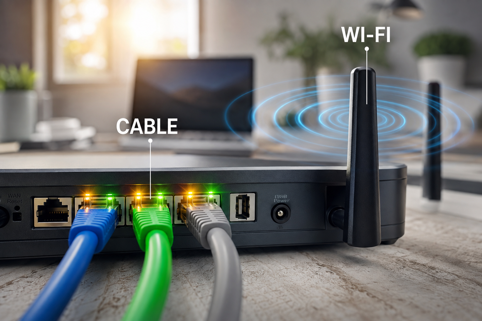 Roteador moderno com conexões Wi‑Fi e cabo