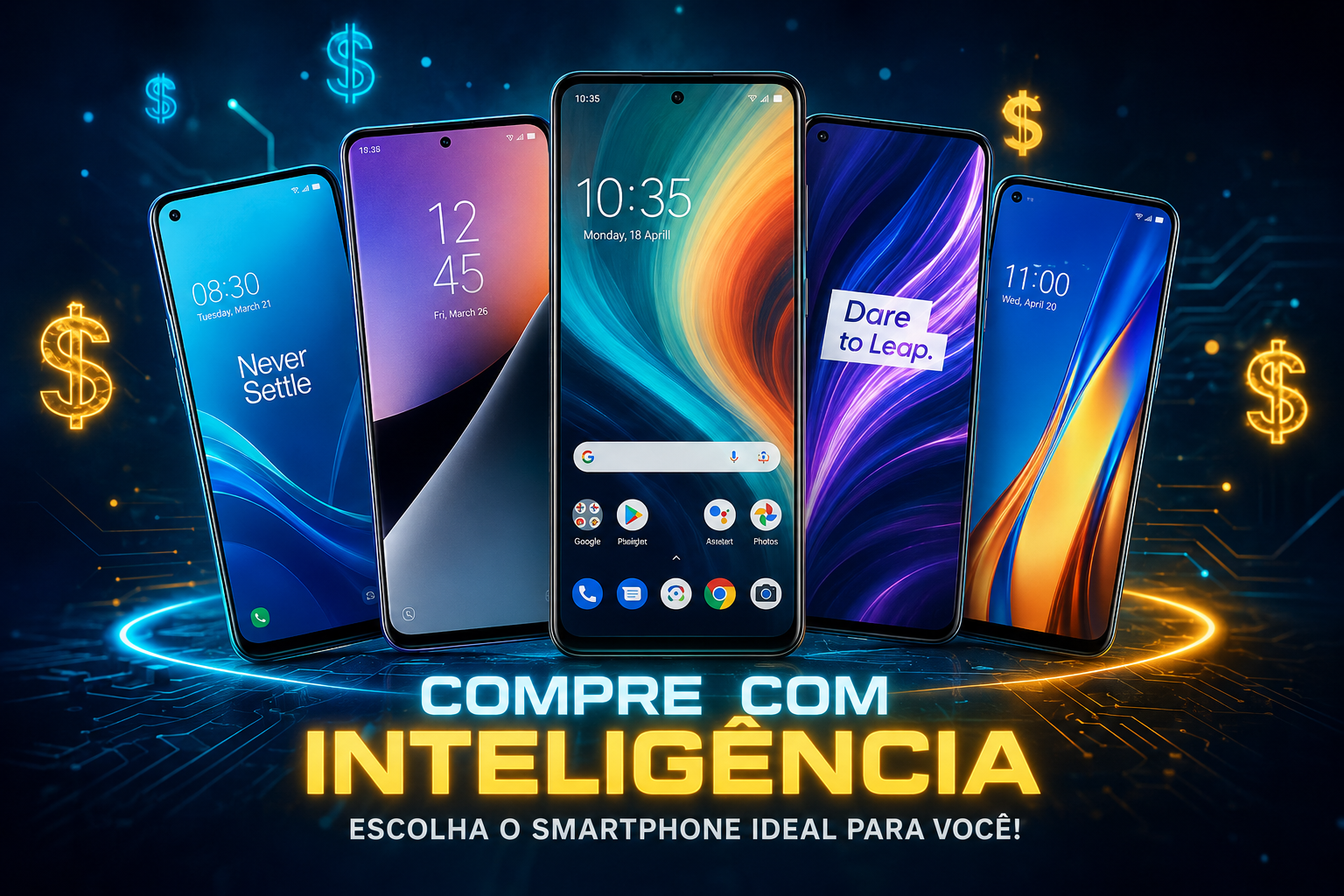 Smartphones futuristas em destaque neon